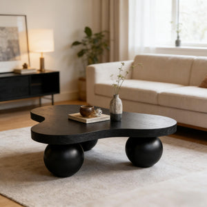 English Elm 46 Inch Cloud Shaped Coffee Table with Ash Veneer Top and Sculptural Sphere Legs Black W3935S00006
