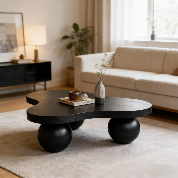 English Elm 46 Inch Cloud Shaped Coffee Table with Ash Veneer Top and Sculptural Sphere Legs Black W3935S00006