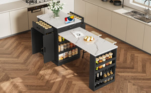 English Elm Extendable Kitchen Island Console with Open Shelving Drawers and Cabinet in Matte Black W1580S00274