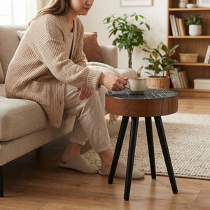 English Elm 15.7-inch Round Carved Mdf Accent Table Distressed Vintage Style for Bedroom or Living Room W3935P406044