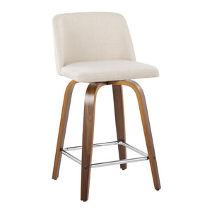 English Elm Toriano 24" Mid-Century Modern Counter Stool Set Of 2 - Swivel Seats In Walnut Wood & Cream Fabric B202S00117-GIGA