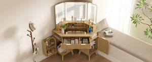 English Elm 47.2" Corner Lighted Makeup Vanity with Fluted Panel Tri-fold Mirror and Charging Station Oak N704P392485N