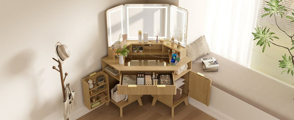 English Elm 47.2" Corner Lighted Makeup Vanity with Fluted Panel Tri-fold Mirror and Charging Station Oak N704P392485N