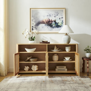 English Elm 63" Mid Century Modern Rattan Sideboard Buffet Cabinet with Adjustable Shelves, Durable Craftsmanship and Outlet Access for Living Room Storage and TV Console Natural W1801P371656