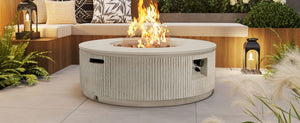 English Elm U_style Round Mgo Propane Fire Pit 50000 Btu Sculptural Outdoor Patio Table with Lava Rocks Beige N711P410549A
