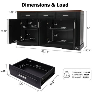 English Elm 63" Fluted Mdf Sideboard with Wood Tone Top Four Doors Three Drawers Dining Storage Black W2917S00010