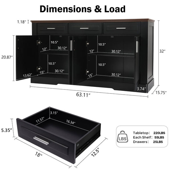 English Elm 63" Fluted Mdf Sideboard with Wood Tone Top Four Doors Three Drawers Dining Storage Black W2917S00010