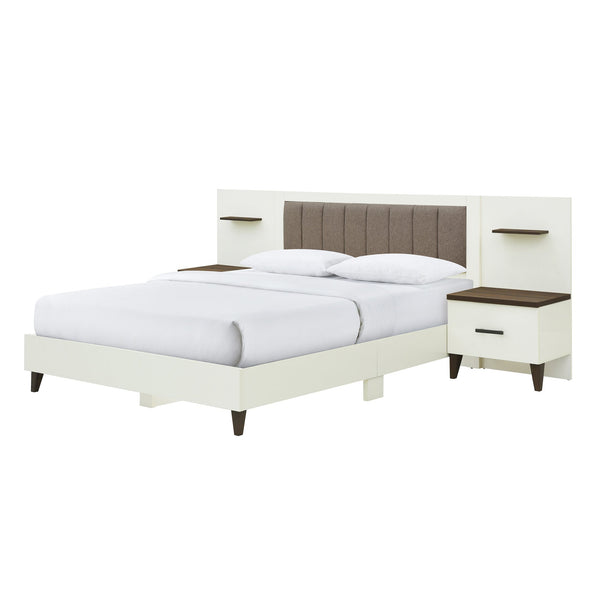 English Elm Christopher Knight Home® - Queen Upholstered Bed Frame with 2 Nightstands, 108" Headboard, Floating Shelves, White Brown Finish N758Q080001W
