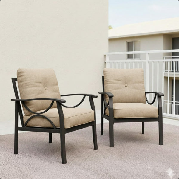 English Elm Set of 2 Outdoor Steel Armchairs Powder Coated Matte Frame with Cushioned Patio Seating Light Khaki+Beige B082P455144
