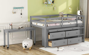 English Elm Twin Loft Bed Pinewood Frame Four Drawers Retractable Study Desk Kids Bedroom Gray LT000368AAE