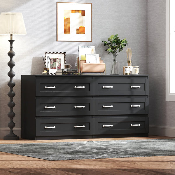 English Elm Modern Black 6-Drawer Side Cabinet with Metal Handles – Spacious Wood Storage Chest for Living Room Bedroom Entryway Organizer W331S00165