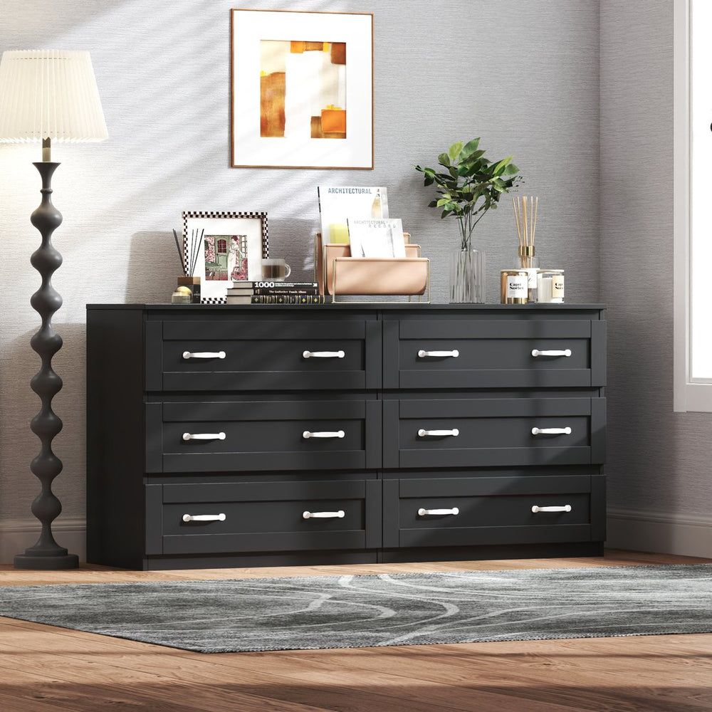 English Elm Modern black 6-drawer side cabinet with metal handles — spacious wood dresser for living room, bedroom, hallway storage and organization W331S00165