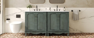 English Elm Christopher Knight Home® - 60" Retro Double Sink Bathroom Vanity Set with Soft-Close Doors, Adjustable Shelves, Rubberwood Legs Antique blue green,Teal N817P245317B