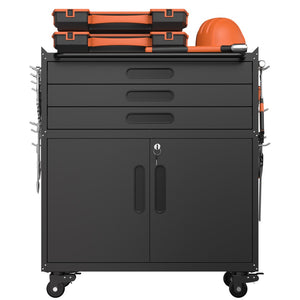 English Elm 34.3" Rolling Steel Workshop Cabinet with 3 Drawers Lockable Doors and Pegboard Sides W2735P428815