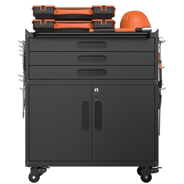 English Elm 34.3" Rolling Steel Workshop Cabinet with 3 Drawers Lockable Doors and Pegboard Sides W2735P428815