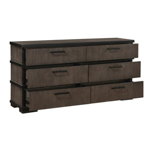 English Elm Two-Tone Modern Industrial Chest with Five Spacious Drawers Oak Veneer Texture and Bold Bar Hardware Black,Brown Gray 70.25 L x 21.5 W x 38.25 H B011P242782