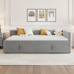 English Elm Full L-Shaped Upholstered Daybed with Twin Pop-Up Trundle, Vertical Stripe Design, Cozy Lounge Style (98) Gray SF000191AAE