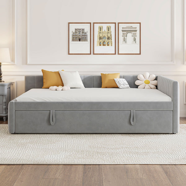 English Elm Full L-Shaped Upholstered Daybed with Twin Pop-Up Trundle, Vertical Stripe Design, Cozy Lounge Style (98) Gray SF000191AAE