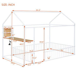 English Elm Full Size Metal House Bed Frame with Desk, Shelves, USB Power Ports & Playful Roof for Kids Room Delight White N737P173491K