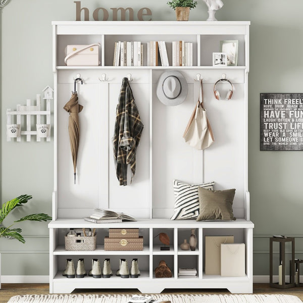 English Elm Modern Entryway Hall Tree with Six Hooks Bench Seat and Open Shoe Cubbies White W1580S00617