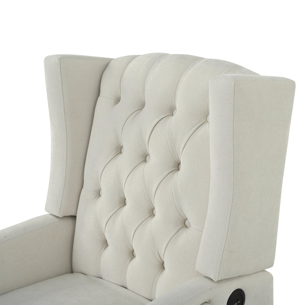 English Elm Manual WingBack Recliner Chair with Foldable Side Table, USB Charging, Solid Wood Frame Comfort Beige W680P236050