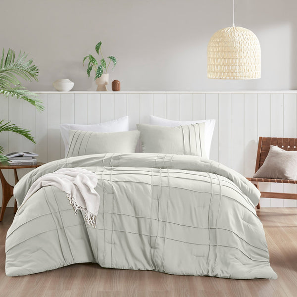 JLA Home Comfort Spaces - Soft Washed Pinch-Pleat Comforter Set with Textured Microfiber, Year-Round Lightweight Warmth and Durability Silver AM10-0386