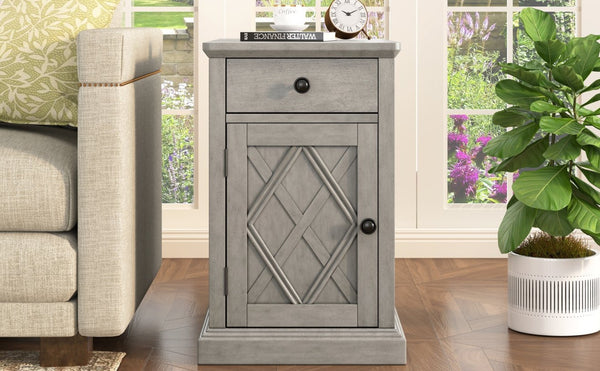 English Elm U-can Acacia Wood End Table with Usb Charging Station Drawer and Cabinet Storage Antique Gray N724P353565E