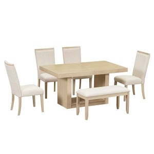 English Elm Topmax Extendable Acacia Wood Pedestal Dining Set with Bench and Upholstered Chairs N717S000054A