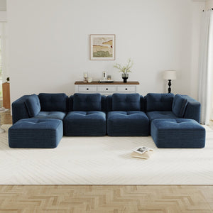 English Elm Modern Corduroy Modular Sectional with Tufted Cushions Two Ottomans Living Room Blue W714S01806