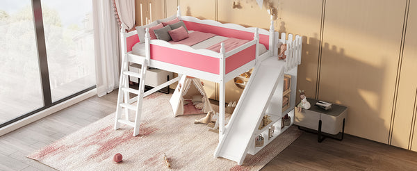 English Elm Full Loft Bed With Detachable Slide, Storage Shelves, And Cabinet In Pink & White – Fun & Functional! W1580S00245