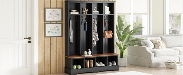 English Elm Farmhouse Hall Tree with Triple Arch Back Panel Eight Hooks Drawers and Entryway Bench Black N721S000075B