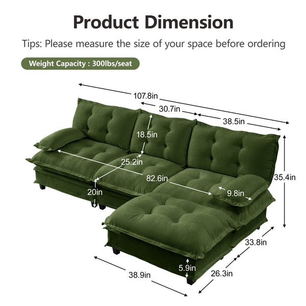 English Elm 107" Modular Cloud Sectional Chenille Deep Seat Couch with Lattice Cushions for Apartments Green W714S01729
