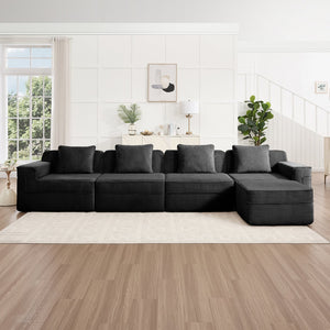 English Elm Modular 4-Seat L-Shaped Sectional Sofa In Black Corduroy - Cloud-Like Comfort With Ottoman & Pillows W3041S00328