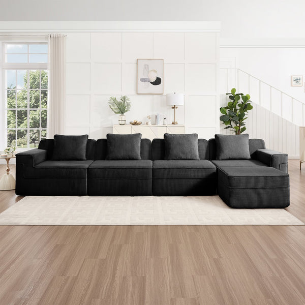 English Elm Modular 4-Seat L-Shaped Sectional Sofa In Black Corduroy - Cloud-Like Comfort With Ottoman & Pillows W3041S00328