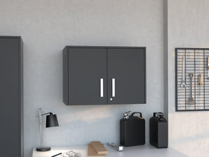 English Elm Storage Cabinet Black Wall Mounted Double Door with 3 Shelves, Engineered Wood, Padlock Keyed Security B200P188810
