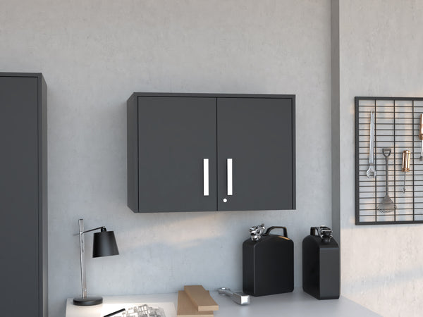 English Elm Storage Cabinet Black Wall Mounted Double Door with 3 Shelves, Engineered Wood, Padlock Keyed Security B200P188810