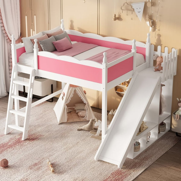English Elm Twin Loft Bed Solid Pine Frame with Wardrobe Shelving Detachable Slide Kids Room W5305S00021