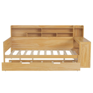 English Elm Wooden Full Size Daybed with Trundle and Built-In Desk, Side Storage Shelves for Space-Saving Rooms Natural 70 L x 18.6 W x 5.5 H N733S242277M