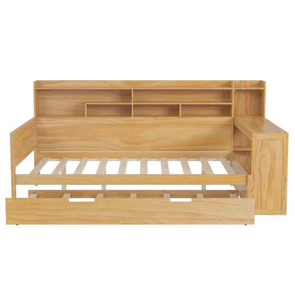 English Elm Wooden Full Size Daybed with Trundle and Built-In Desk, Side Storage Shelves for Space-Saving Rooms Natural 70 L x 18.6 W x 5.5 H N733S242277M