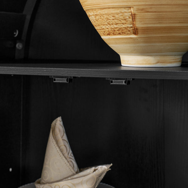 English Elm A high arched storage cabinet with lamp and adjustable glass shelves, modern retro MDF poplar display cabinet with LED accent lighting for kitchen and living room storage elegance Black W487P358610