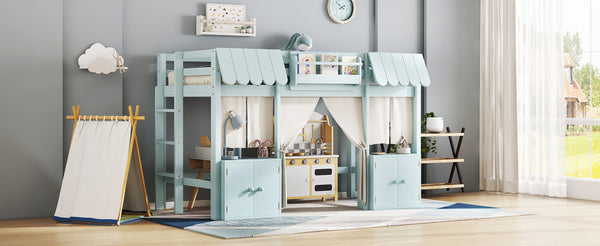 English Elm Twin Loft Bed Cottage-Style Playhouse with Built-In Bookshelf, Curtain & Storage, Safe Guardrails Light Blue W1580S00357