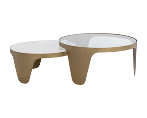Sunpan Mysaria Nesting Coffee Tables Set of 2 - Sculptural Design with Antique Brass Base & Marble Top