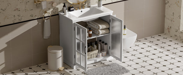 English Elm Christopher Knight Home® - 30" Modern Bathroom Vanity with Ceramic Sink, Tempered Blurred Glass Doors, Rubber Wood Frame Storage White N817P279904W