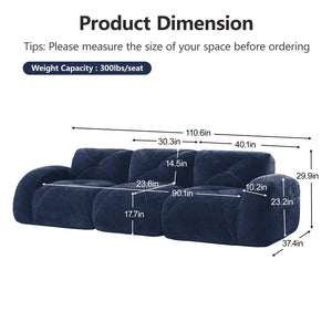 English Elm 110''boneless Velvet Sectional Sofa Modular Cloud Seating with Tufted Cushions for Living Rooms Blue W714S01619