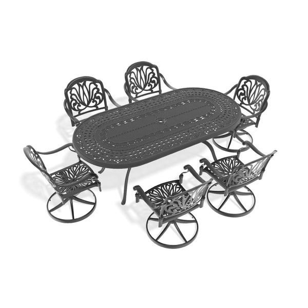 English Elm 7-piece Cast Aluminum Outdoor Dining Set Ornate Carved Relief Oval Table Swivel Chairs W1710S00652
