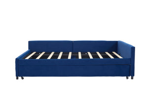 English Elm Upholstered Velvet Daybed with Pull Out Trundle Diamond Tufted Guest Bedroom Sofa Navy W1361S00068