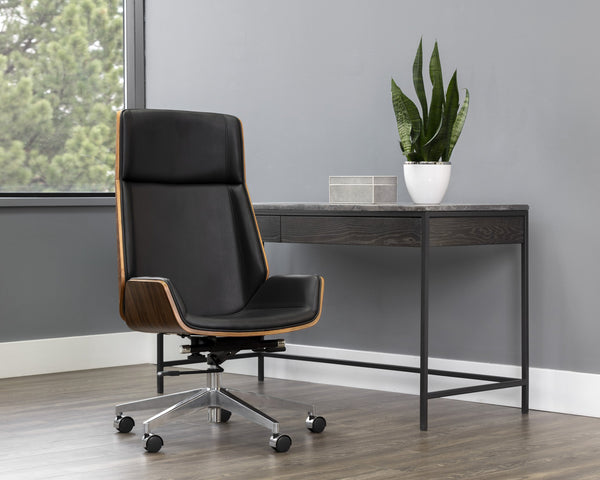 Sunpan Rhett Office Chair - Luxe Dillon Black Faux Leather Mid-century Design With Walnut Accents & Wheels Black Faux Leather 111903