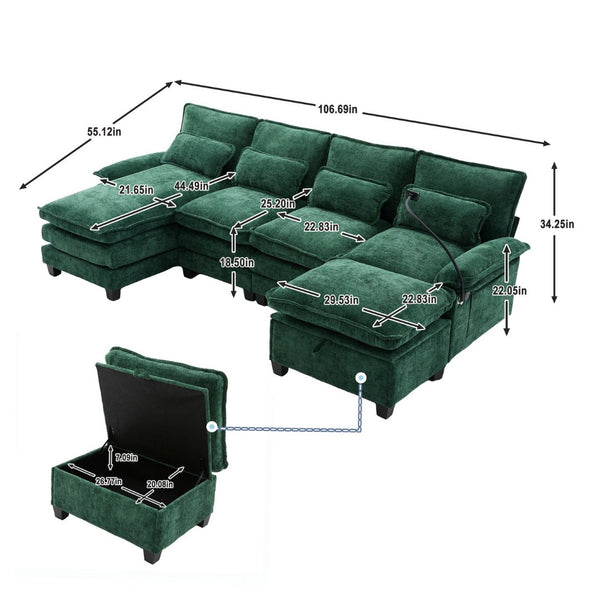 English Elm United We Win 106" U-Shape Sectional Sofa - Cozy Chenille Couch With Storage Ottoman & Usb Ports W1568S00228-GIGA