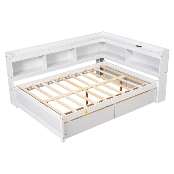 English Elm Full Platform Bed with L-shaped Bookcase Built-in Power Outlets and Storage Drawers White W504S00340