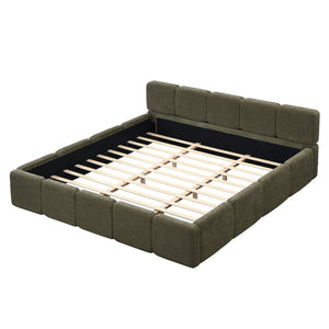 English Elm King Platform Bed Linen Upholstered Block Silhouette Solid Wood Frame Bedroom Anchor N757P385454D